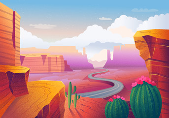  Wild west Texas. Landscape with red mountains, cactus, road and clouds. Vector illustration in cartoon style. - obrazy, fototapety, plakaty