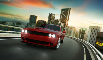 Front angle view of a generic red brandless American muscle car in a city street road with motion...