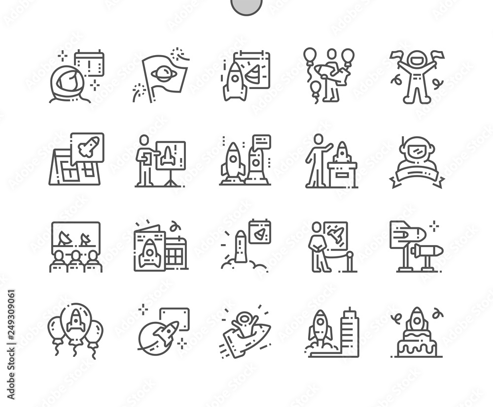 Poster international day of human space flight well-crafted pixel perfect vector thin line icons 30 2x grid