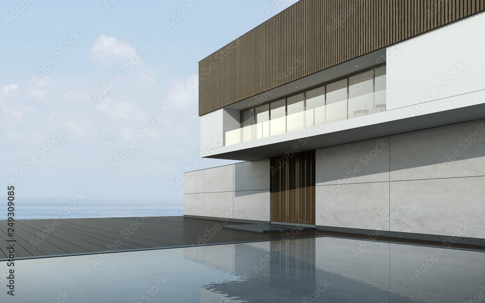 Poster perspective of modern building with terrace and swimming pool on sea view background,idea of family 