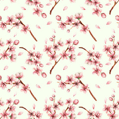 Cherry blossom,spring flowers,watercolor illustration,branches, flowers,handmade,card for you,seamless pattern,light background