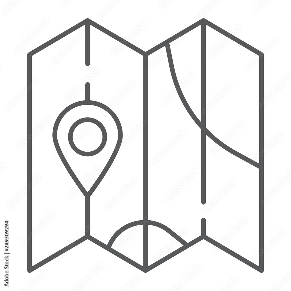 Poster map thin line icon, direction and location, navigation sign, vector graphics, a linear pattern on a 