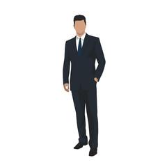 Businessman in dark suit standing with hand in pocket, isolated vector illustration. Flat design. Business people