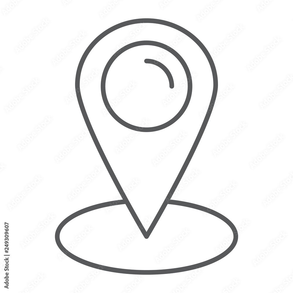 Poster location thin line icon, gps and navigation, map pin sign, vector graphics, a linear pattern on a wh