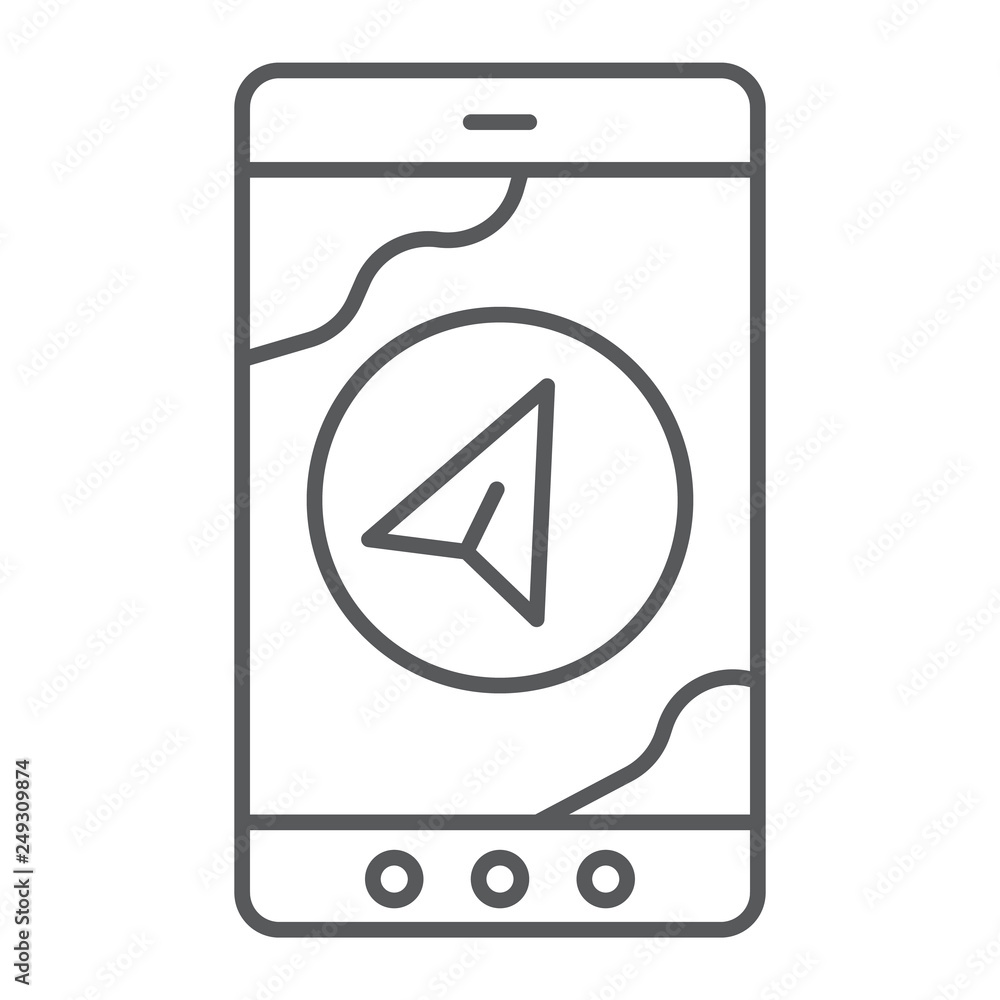 Poster navigation thin line icon, gps and location, arrow on phone screen sign, vector graphics, a linear p
