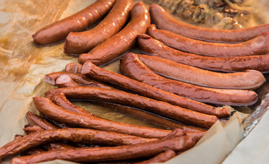 Fried sausages on the street.