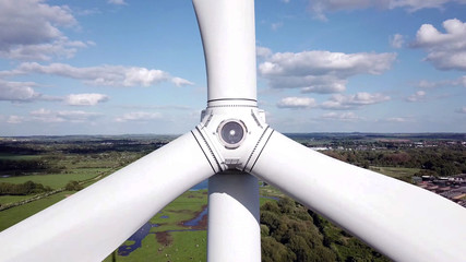 Close up detail view of blades of wind Turbine  from drone