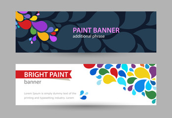 Naklejka premium Abstract Bright banner with drops of rainbow paints on white and black background. Set horizontal banners with empty place for text.