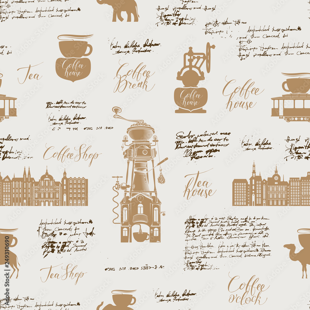 Poster vector seamless pattern on the tea and coffee theme with a various coffee symbols and inscriptions o