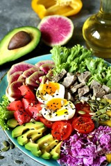 keto diet buddha bowl- salmon, avocado, boiled beef, watermelon radish, egg, salad greens, tomatoes. a bowl of nutrition rich in proteins and fats. sprinkle with oil, season with sunflower seeds