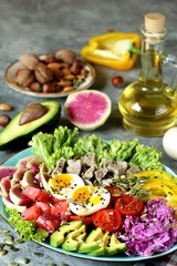 keto diet buddha bowl- salmon, avocado, boiled beef, watermelon radish, egg, salad greens, tomatoes. a bowl of nutrition rich in proteins and fats. sprinkle with oil, season with sunflower seeds