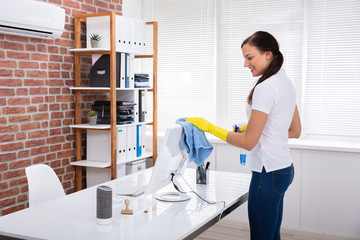 Female Janitor Cleaning Computer In Office