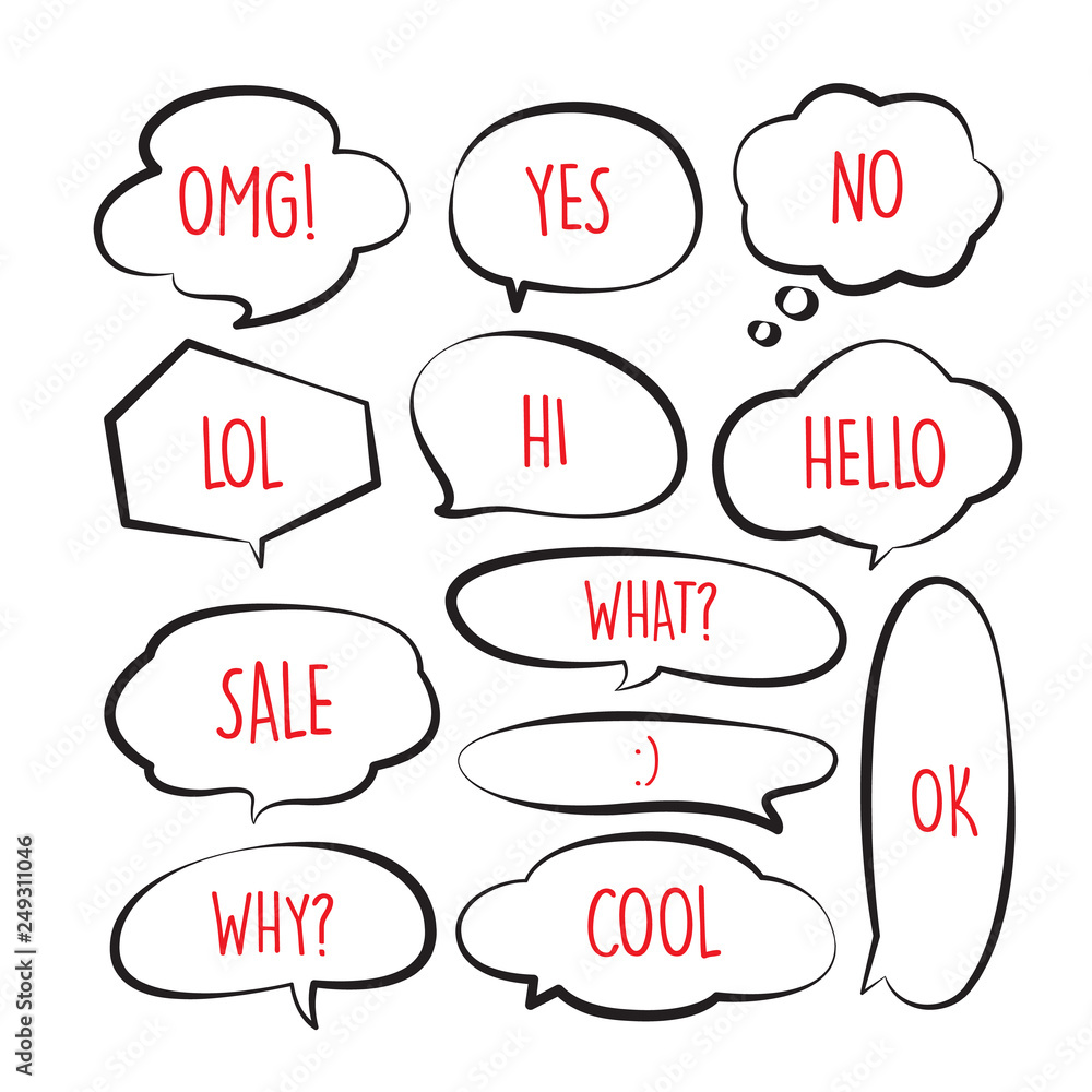 Poster various stickers of black line speech bubbles vector set with red text - stock vector