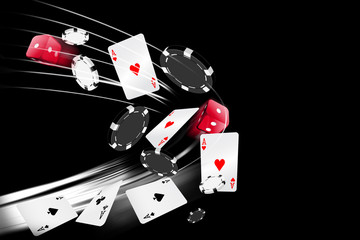 Poker cards and casino chips floating on black background