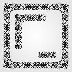 Decorative vintage frame, pattern and corner isolated on white background. Vector illustration