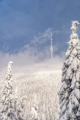 Telecommunication tower on the barren hill covered with low clouds, Praded, Czech Republic.