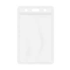 Clear plastic card holder with zip lock isolated on white background, realistic vector mockup. Vertical vinyl badge sleeve envelope with hanging slot, template