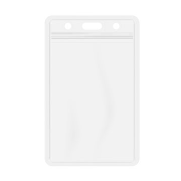 Clear plastic card holder with zip lock isolated on white background, realistic vector mockup. Vertical vinyl badge sleeve envelope with hanging slot, template