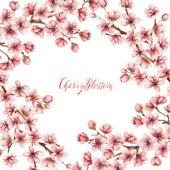Obraz na płótnie Canvas Cherry blossom,spring flowers watercolor illustration,card for you,handmade,floral frame,branches, flowers,buds