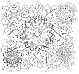 Fototapeta premium Fantasy flowers coloring page. Hand drawn doodle. Floral patterned illustration. African, indian, totem, tribal, zentangle design. Sketch
