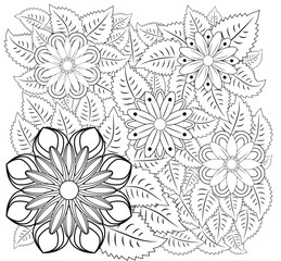 Fantasy flowers coloring page. Hand drawn doodle. Floral patterned illustration. African, indian, totem, tribal, zentangle design. Sketch