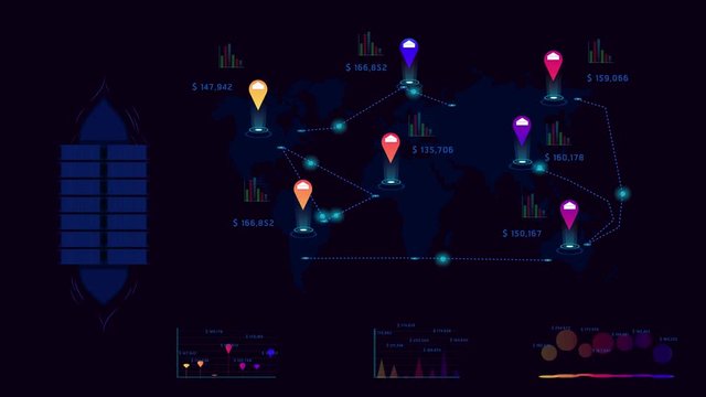 4K. shipment transports logistic associated company factory world map mark point infographic design with summary graph chart data