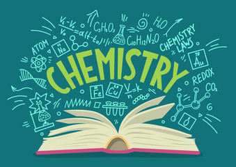 Chemistry. Open book with doodles and lettering. 