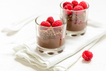 Chocolate dessert in glasses with raspberries