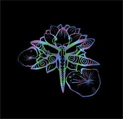 Color neon illustration of a dragonfly on a lotus. Tattoo idea.