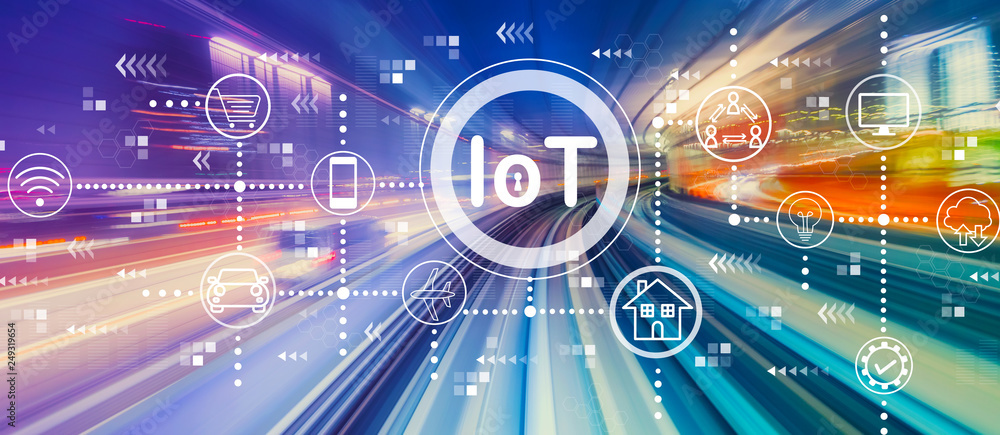 Poster iot theme with abstract high speed technology pov motion blur