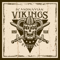 Vikings vector brown emblem with warrior skull