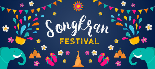 Naklejka premium Songkran - water festival in Thailand. Thai new year national holiday. Colorful vector banner and background