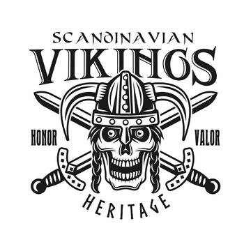 Viking skull in helmet and swords vector emblem