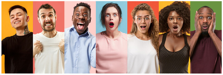 The collage of faces of surprised people on colored backgrounds. Happy men and women smiling. Human...