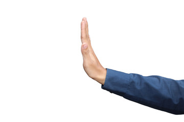 Gesture of hand showing stop in formal long sleeved shirt isolated on white background