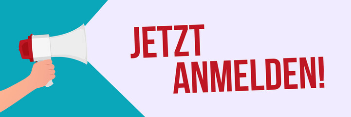 Megaphone in Hand Vector Banner - Jetzt anmelden