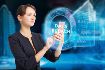 The concept of business, technology, the Internet and the network. A young entrepreneur working on a virtual screen of the future and sees the inscription: Data breach