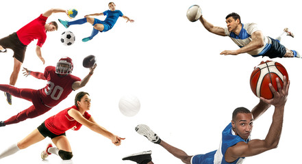 Attack. Sport collage about soccer, american football, basketball, volleyball, rugby, handball...