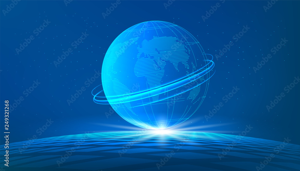 Aufkleber glowing earth depicted modern future technology by thin lines and dots. abstract world with rays of 