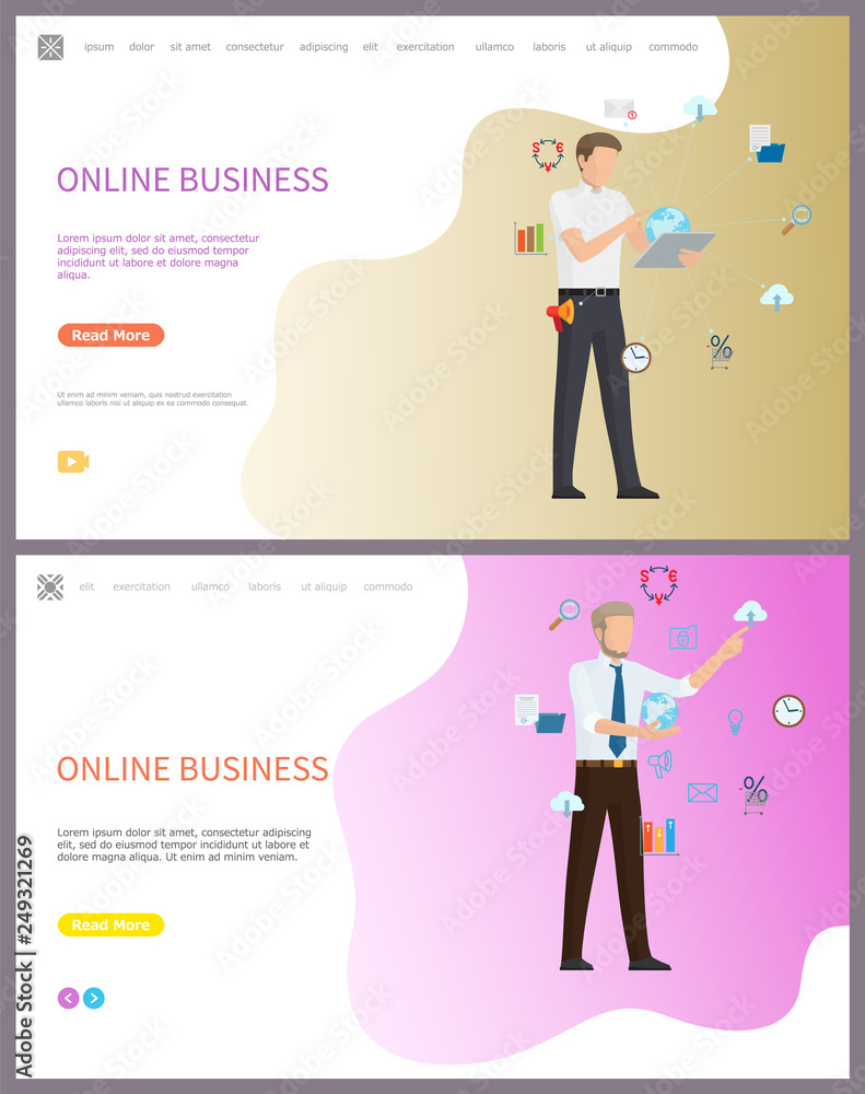 Poster online business working people, global network vector. icons of money exchange and data, charts and 