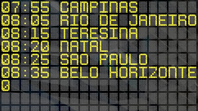 Close-up of an airport departure board to Brazilian cities destinations, with environment reflection. Part of a series. 4k video resolution (4096x2304).