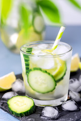 Cold and Refreshing Infused Detox Water with Lime and Cucumber in a Glass With Ice Cube Healthy Detox Drink Vertical