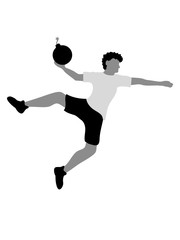Fototapeta na wymiar bombe explosion angriff angezündet cartoon handball ball werfen punkten springen einwurf verein fan team mannschaft clipart design mann junge spaß sport cool