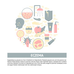 Eczema symptoms and treatment round concept banner in flat style with text
