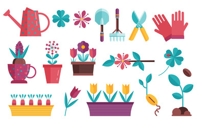 Spring seedling and planting icons set. Home growing flowers, vegetables and greenery elements. Gardeners caring equipment for garden seasonal plants cultivation.