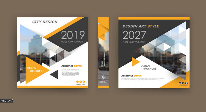 Abstract composition. White brochure cover design. Info banner frame. Text font. Title sheet model set. Modern vector front page. City view texture. Yellow triangle figures image icon. Ad flyer fiber