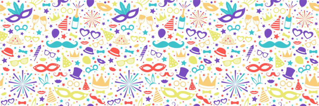 Carnival Party seamless pattern with funny elements. Vector.