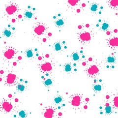 Colorful splashes. Fuchsia, blue stains paints. White abstract background with festive stamps, spots. Holy festival. Creative backdrop for print, fabric, textile. Bright spring, summer clothes theme 