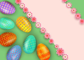 Fototapeta na wymiar Happy Easter abstract background with realistic colorful eggs. Greeting card template with corner frame from paper cut flowers.