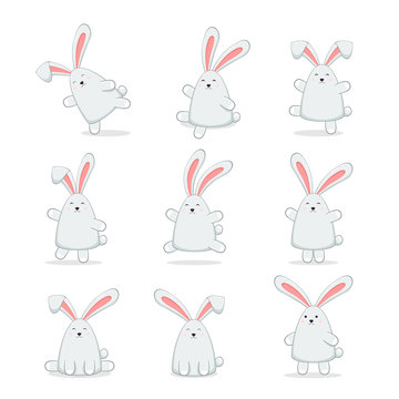 Set of Happy Easter Rabbits on White Background
